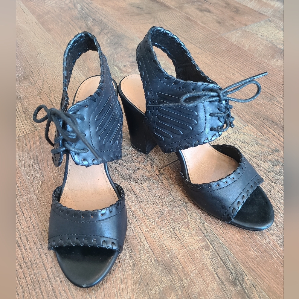 Restricted Faux Leather Black Woven Sandals Block Heels Tie Laces Pumps Size 7.5